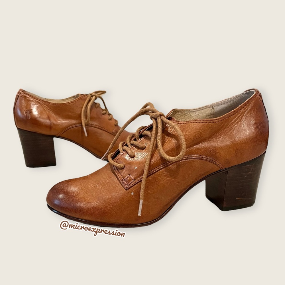 TAYLOR SWIFT Frye Carson Lace-Up Brown Cognac Leather Heeled Oxford Ankle Bootie - Picture 16 of 16